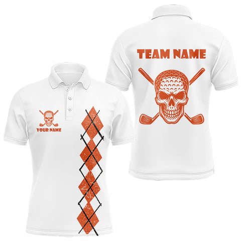 Maxcorners Orange argyle plaid pattern Skull White Golf polo shirts for men custom Halloween mens golf attire LM0803