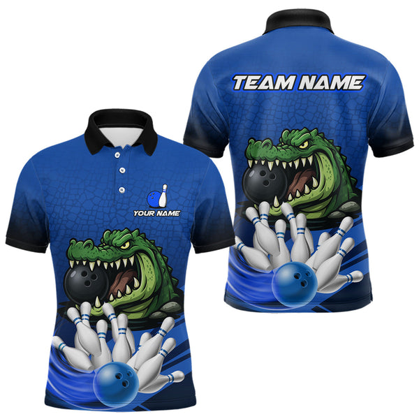 Maxcorners Funny Blue Alligator Bowling Polo, Quarter Zip shirts for Men Custom Team bowling league jersey LM1109
