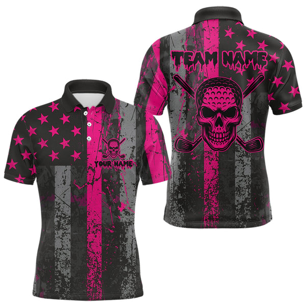 Maxcorners Custom Pink Grunge American Flag Patriotic Skull Golf Shirt For Men, Retro Mens Golf top LM1708