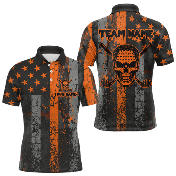 Maxcorners Custom Orange Grunge American Flag Patriotic Skull Halloween Golf Shirt For Men, Retro Mens Golf top LM1708