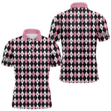 Maxcorners Black and Pink ribbons argyle pattern Mens golf polo shirt Custom Breast Cancer Awareness golf outfit MT2108