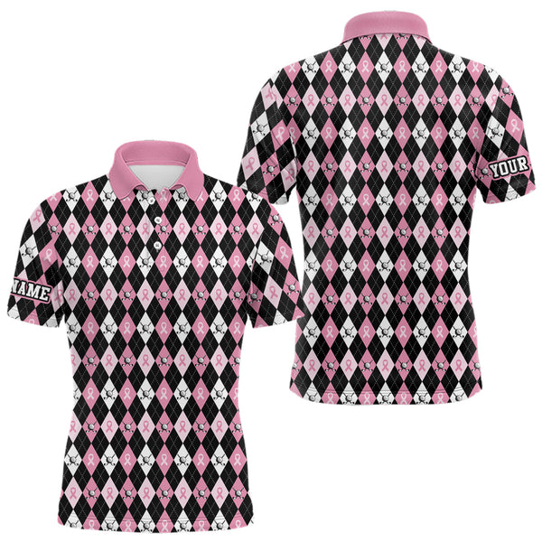 Maxcorners Black and Pink ribbons argyle pattern Mens golf polo shirt Custom Breast Cancer Awareness golf outfit MT2108