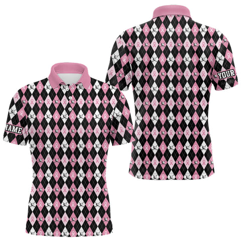 Maxcorners Black and Pink ribbons argyle pattern Mens golf polo shirt Custom Breast Cancer Awareness golf outfit MT2108