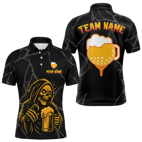 Maxcorners Golf and beer Mens golf polo shirt Custom black and gold skull mens golf attire Halloween golf outfit  LM2408