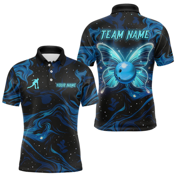 Maxcorners Blue Butterflies Bowling Polo, Quarter-Zip Shirts For Men Custom Team Bowling League Jersey TU2908