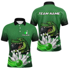 Maxcorners Funny Green Alligator Bowling Polo, Quarter Zip shirts for Men Custom Team bowling league jersey TU0309