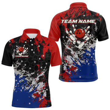 Maxcorners Red, White and Blue Camo Bowling Polo, Quarter Zip shirts for Men Custom Patriotic Gift For Bowlers LM1903