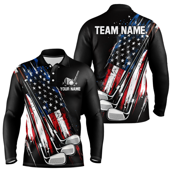 Maxcorners Black American Flag Golf Clubs Mens Golf polo shirts custom team name patriotic golf outfit for men & women
