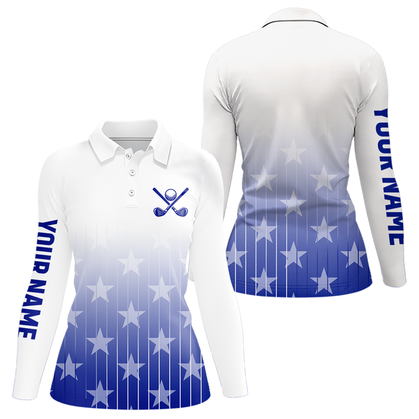 Maxcorners Personalized blue stars pattern white golf polos shirts for men custom gifts for the golfer