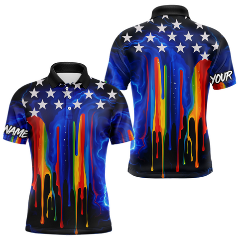 Maxcorners Blue lightning thunder rainbow American Flag Men golf polo shirts Custom patriotic mens golf outfit LM3006