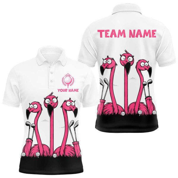 Maxxcorners Funny pink flamingo friends white Men golf polo shirts Custom flamingo golf outfits for men MT0307