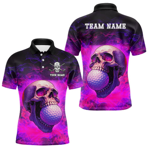 Maxcorners Custom Pink Flame Golf skull Halloween Mens golf polo shirt, Personalized Team Skull golf outfit MT0708