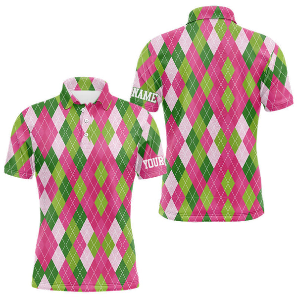 Maxcorners Pink and Green argyle pattern Mens golf polo shirt custom golf jerseys, personalized golf apparel MT0708