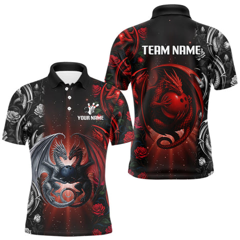 Maxcorners Red Dragon Roses Pattern Custom Bowling Polo, Quarter Zip shirts For Men, Dragon Bowling League Shirt TU0909