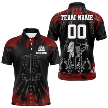 Maxcorners Black and Red Disc golf basket chain Men disc golf polo shirt custom number disc golf outfit for team MT2108