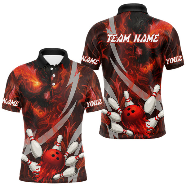 Maxcorners Red Flame Skull Bowling Polo, Quarter Zip shirts For Men Custom Halloween Team Bowling Outfit LM1109
