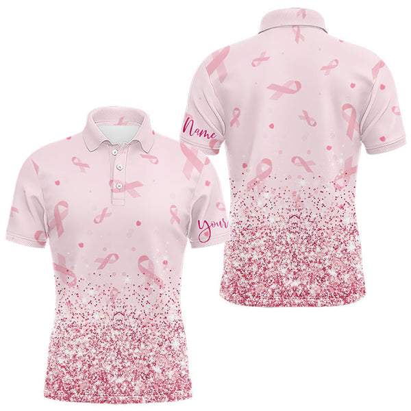 Maxcorners Pink glitter ribbons pattern Mens golf polo shirt Custom Breast Cancer Awareness golf outfit for men MT2108