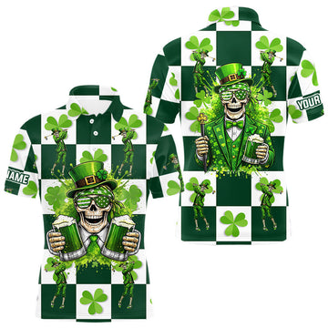 Maxcorners Funny Skull Drink Beer Clover Square Pattern Mens Golf Polo Shirts Custom St Patrick's Day Golf Tops LM1104