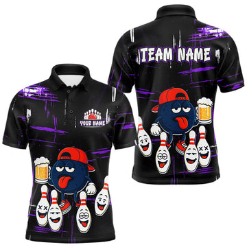 Maxcorners Custom Black And Purple Funny Beer Bowling Men Polo, Quarter Zip Shirts, funny bowling shirts LM1501