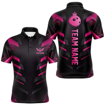 Maxcorners Black and Pink Bowling Polo, Quarter Zip Shirts For Men Custom Team Bowling Jersey, Gift For Bowlers