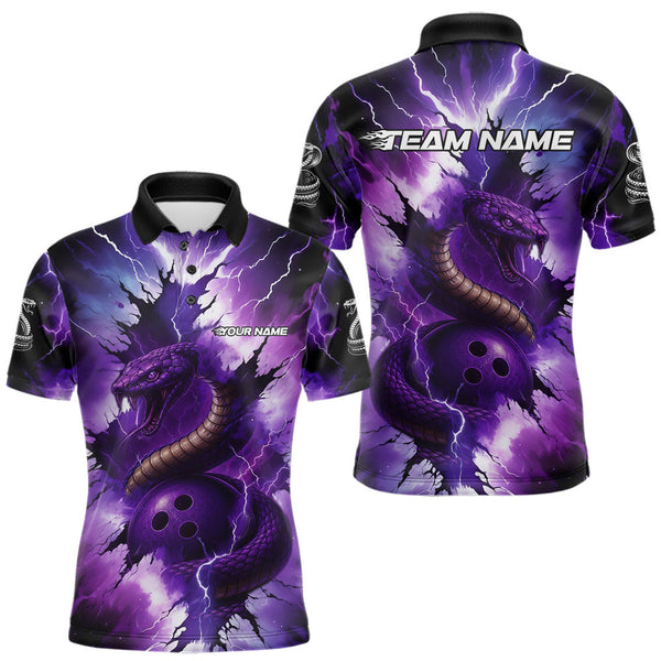 Maxcorners Custom Black And Purple Thunder Lightning Cobra Snake Bowling Men Polo, Quarter Zip Shirts For Team MT1309