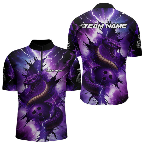 Maxcorners Custom Black And Purple Thunder Lightning Cobra Snake Bowling Men Polo, Quarter Zip Shirts For Team MT1309