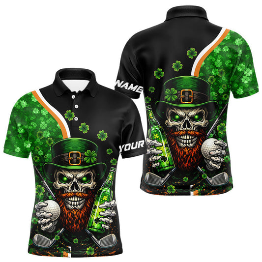 Maxcorners Green shamrock pattern St Patrick Skull Golf and Beer Polo shirts for Men Custom mens golf tops LM1501