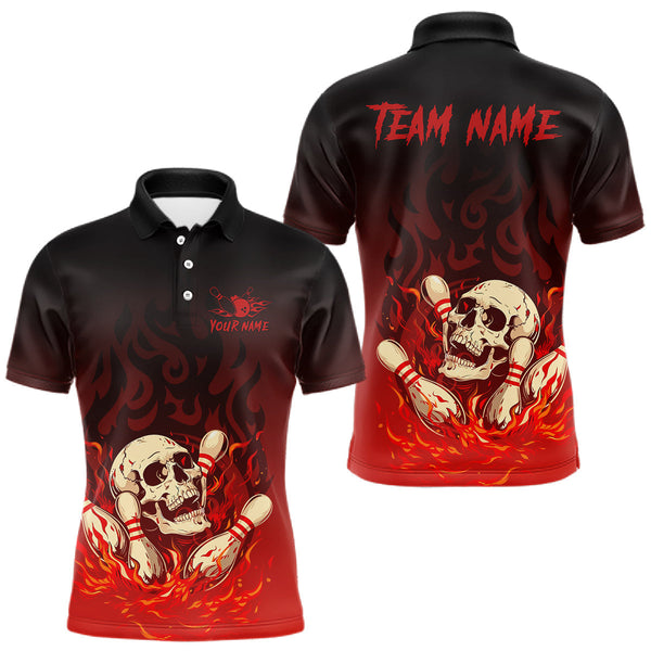 Maxcorners Red Skull Bowling Shirts With Flames custom quarter zip, polo team jerseys, bowling jerseys men TU0411