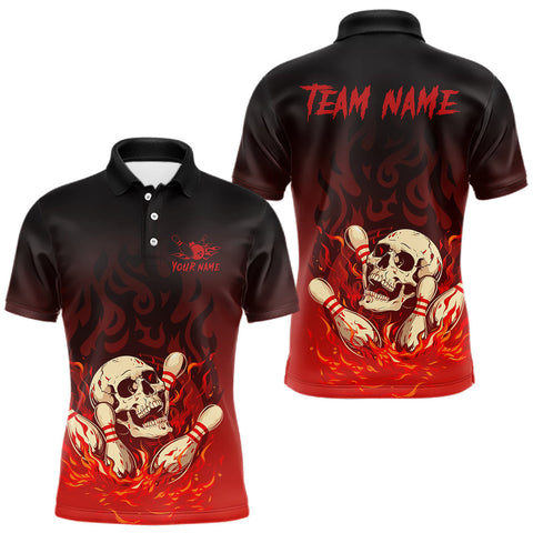 Maxcorners Red Skull Bowling Shirts With Flames custom quarter zip, polo team jerseys, bowling jerseys men TU0411