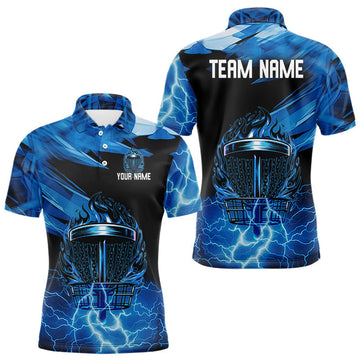 Maxcorners Black and Blue Flame Lightning Thunder Disc golf polo shirts For men Custom Mens disc golf attire LM0404