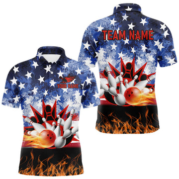 Maxcorners Custom American Flag Flame Bowling Polo, Quarter Zip Shirts For Men, Patriotic Bowling Team Jersey LM1411