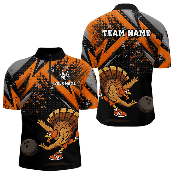 Maxcorners Custom Funny Turkey Bowling Jersey Black and Orange Thanksgiving Bowling Team Men Polo, 1/4 Zip Shirt MT1309