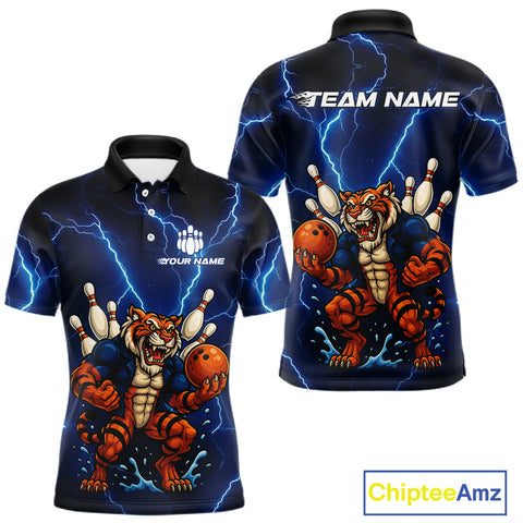 Maxcorners Personalized Tiger Bowling Team Shirts For Men, Blue Lightning Thunder Tiger Bowling Jerseys LM1411