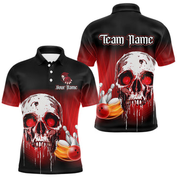 Maxcorners Black and Red Skull Bowling Polo, 1/4 zip shirts for Men Custom team bowling jerseys, Gift for bowler LM1501