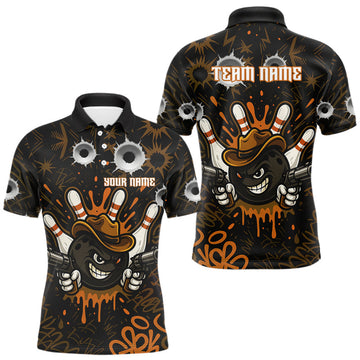 Maxcorners Funny Black and Orange Bowling Cowboy gun Men bowling polo, 1/4 zip shirts Custom bowling team jersey LM1903