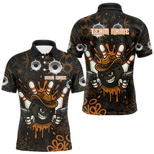 Maxcorners Funny Black and Orange Bowling Cowboy gun Men bowling polo, 1/4 zip shirts Custom bowling team jersey TU1609