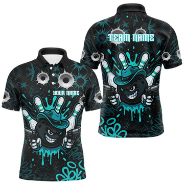 Maxcorners Black and Cyan Blue Bowling Cowboy gun Men bowling polo, 1/4 zip shirts Custom bowling team jersey LM1903