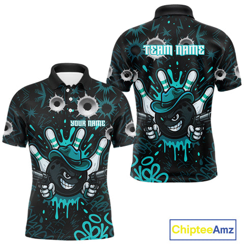 Maxcorners Black and Cyan Blue Bowling Cowboy gun Men bowling polo, 1/4 zip shirts Custom bowling team jersey TU1609