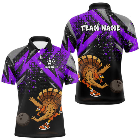 Maxcorners Custom Funny Turkey Bowling Jersey Black and Purple Thanksgiving Bowling Team Men Polo, 1/4 Zip Shirt LM1610