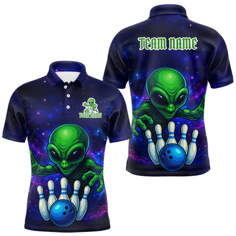 Maxcorners Funny Galaxy Alien Bowling Polo, 1/4 Zip Shirt For Men Custom Bowling Team Outfit, Gift For Bowler MT2009