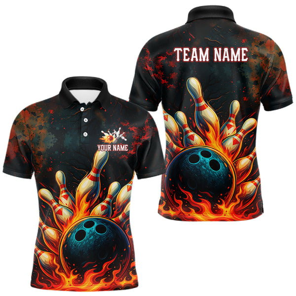 Maxcorners Red Flame Bowling Polo, Quarter Zip Shirts for Men Custom Team Bowling Outfit, Gift for Bowlers LM2509