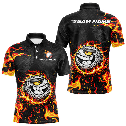 Maxcorners Funny Angry Golf Ball Golf Polo Shirts For Men Custom Black and Orange Flame mens golf apparel LM2602