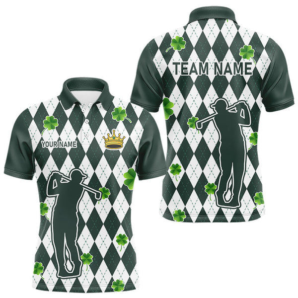 Maxcorners Green argyle pattern lucky shamrock Golf Polo Shirt For Men Custom St. Patrick's mens golf outfit LM0210