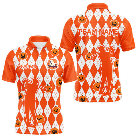 Maxcorners Orange argyle pattern pumpkin Golf Polo Shirt For Men Custom Halloween mens golf outfit LM0210