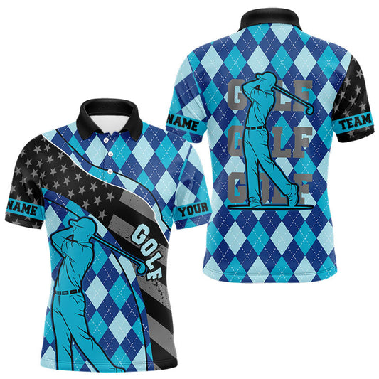 Maxcorners Personalized golf polo shirts for men blue argyle pattern black American Flag patriotic golf shirts