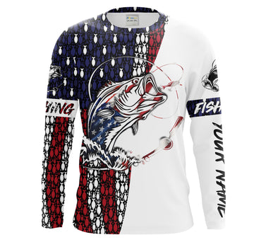 Maxcorners Mens US Fishing Flag Largemouth Bass Fishing 4th of July Custom Name Long Sleeve shirt - Patriotic Fishing Gifts LM0201