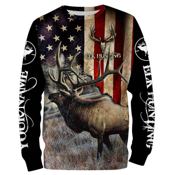 Maxcorners Custom Name Elk Hunting American Flag 3D All Over Printed Clothes