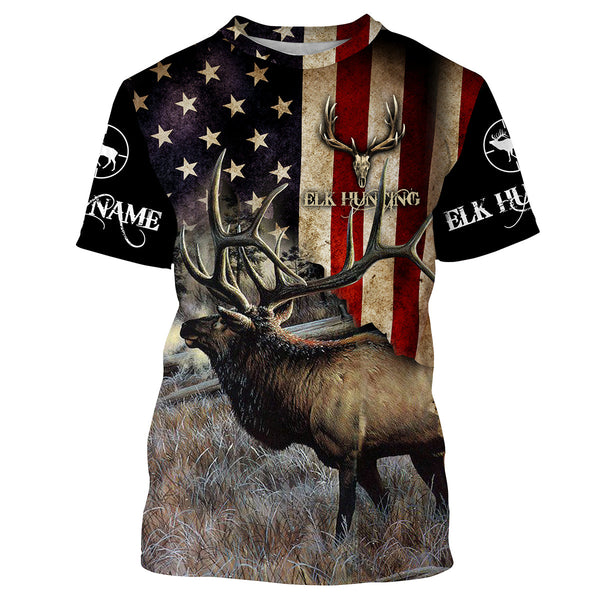 Maxcorners Custom Name Elk Hunting American Flag 3D All Over Printed Clothes