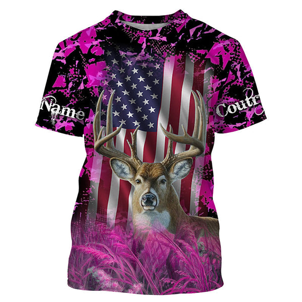 Maxcorners Custom Name US White-tailed Deer Hunting Pink Camo 3D All Over Printed Clothes
