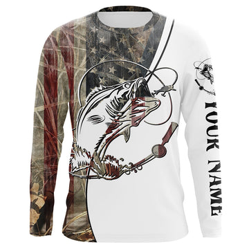 Maxcorners Largemouth Bass Fishing American USA Flag Camo Custom name full printing shirt | Long Sleeve LM0201